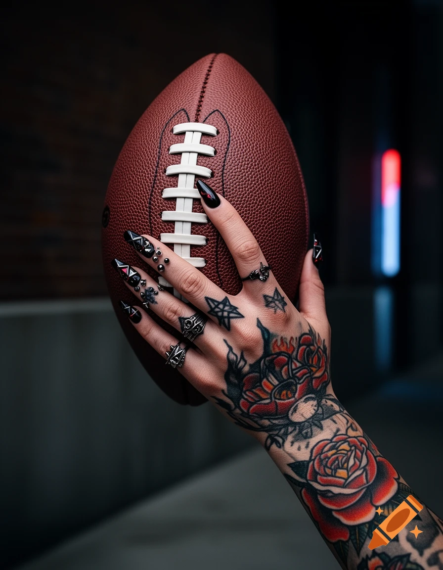 Close-up of a manicured hand with Gothic nails and traditional rose tattoos holding an American football.
