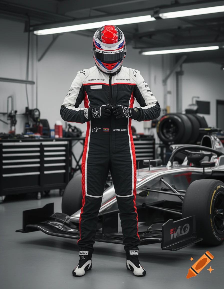 Photorealistic image of a race car driver in a red, white, and black racing suit standing in front of a Formula racing car in a garage.