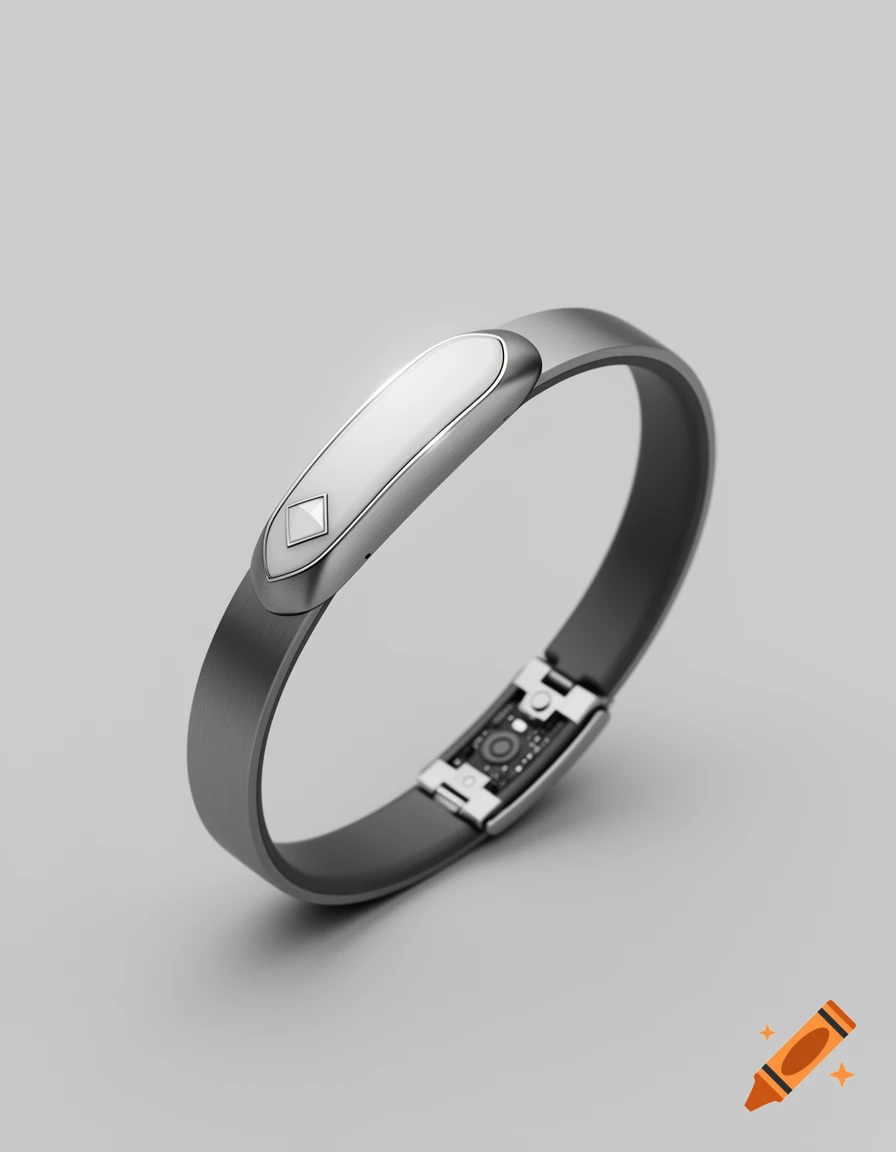 Photorealistic 3D render of a sleek, dark titanium smart bracelet with a central white element and electronic clasp.