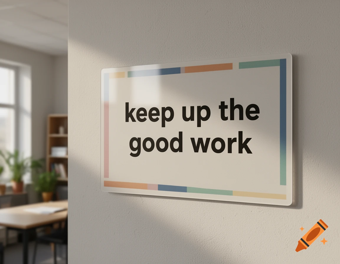 A white sign on an office wall reading 'keep up the good work'.