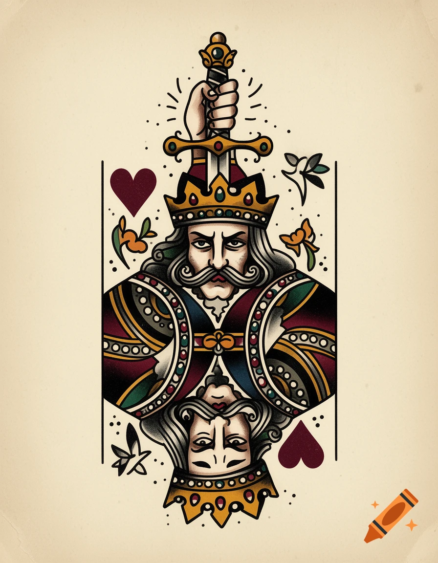Old school tattoo style playing card featuring a king with a sword through his head.