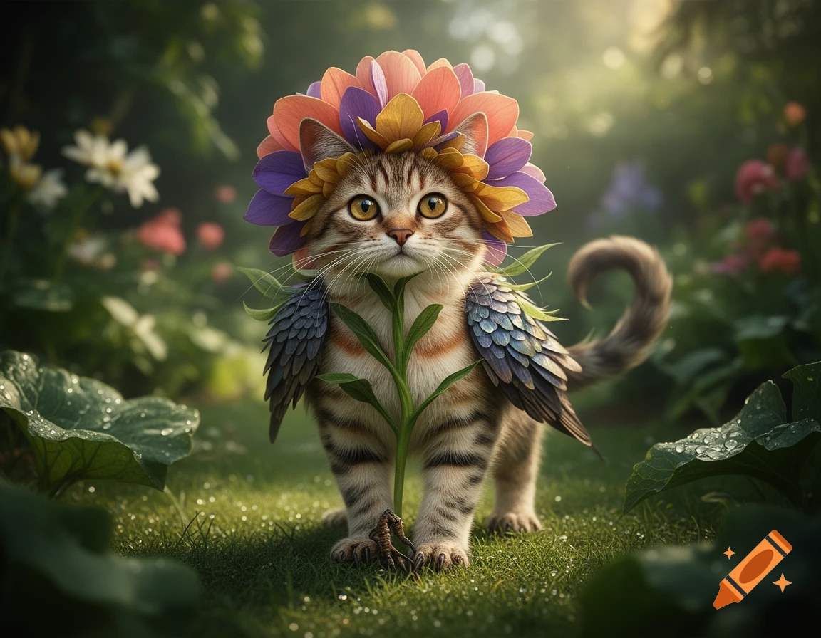 A photorealistic whimsical cat with bird wings and a crown of colorful flower petals standing in a lush, green garden.