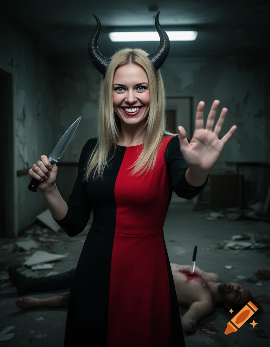Photorealistic portrait of a smiling blonde woman with horns holding a knife and waving, with a corpse in the background.