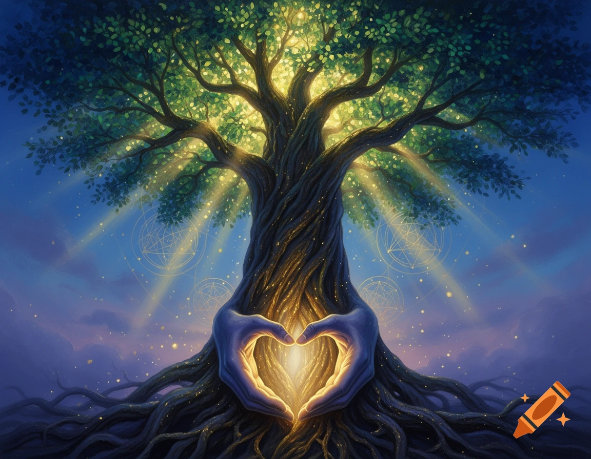 Digital painting of a glowing tree whose roots form two hands holding a bright heart, against a spiritual blue background.