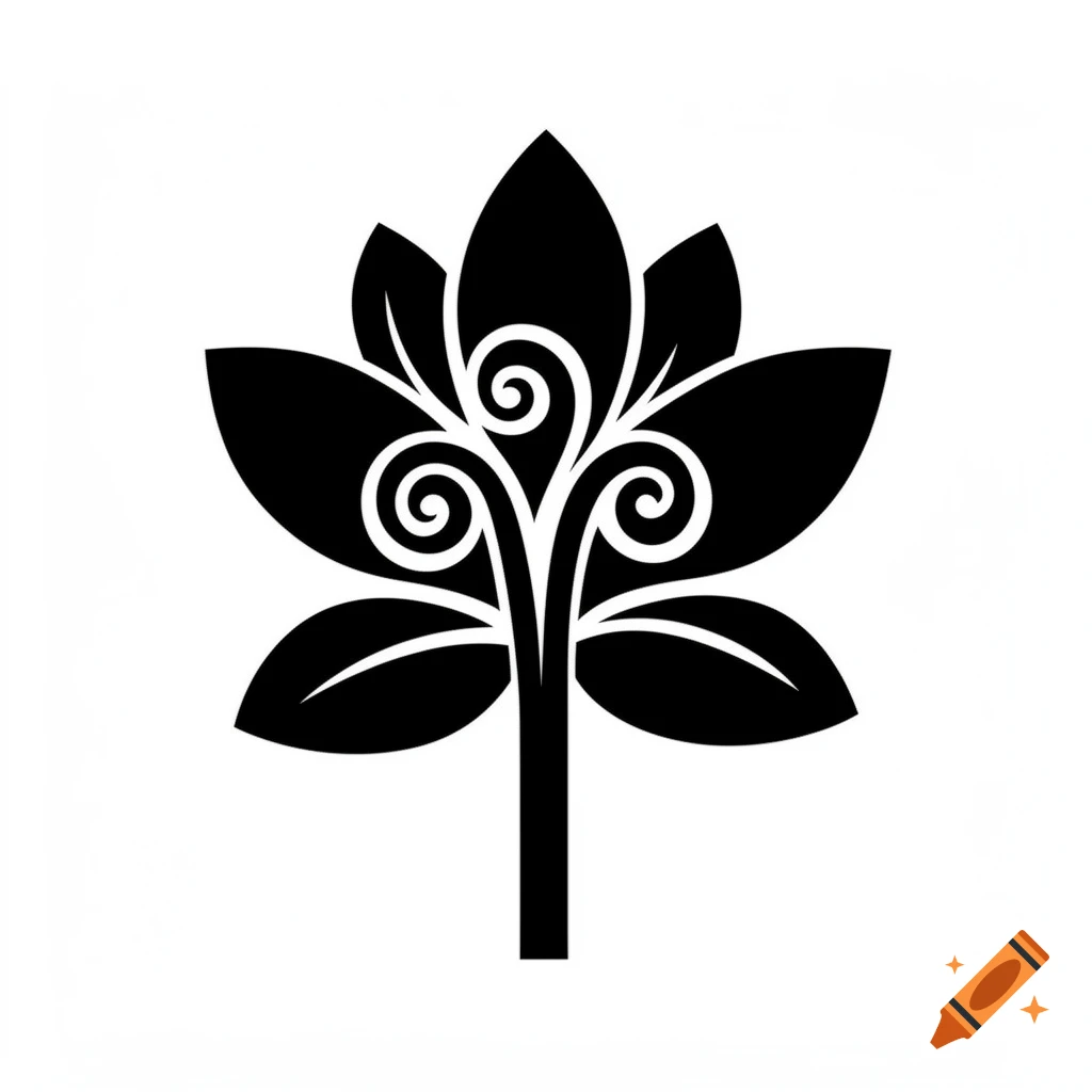 Black and white vector illustration of a stylized flower with koru patterns and a stem.