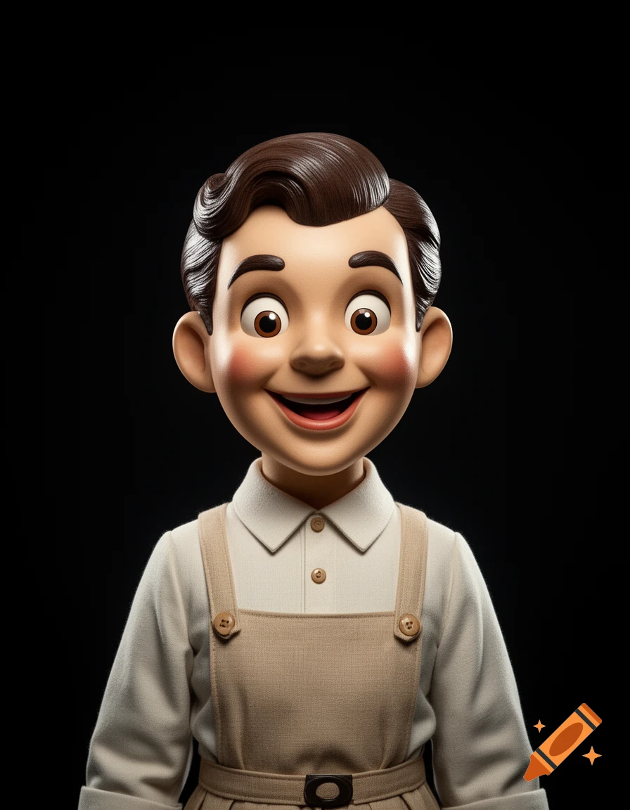 3D render of a smiling young boy with brown hair and overalls on a black background.