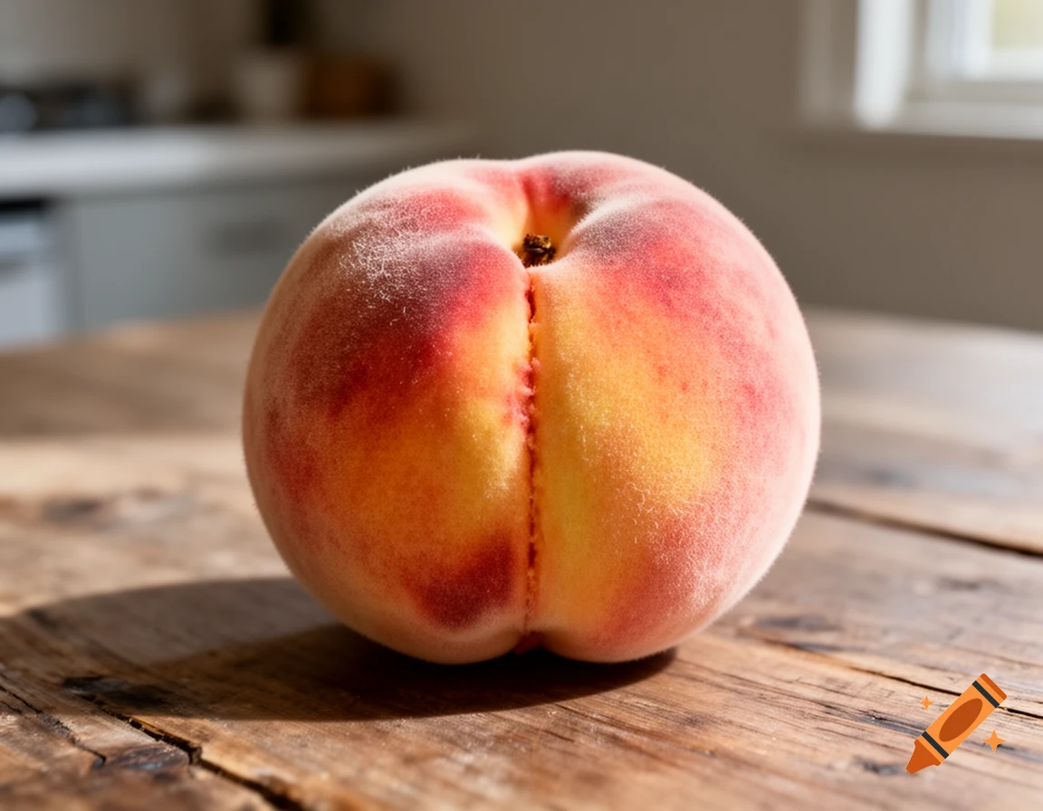 Photorealistic close-up of a fresh peach sitting on a rustic wooden table in a brightly lit kitchen.