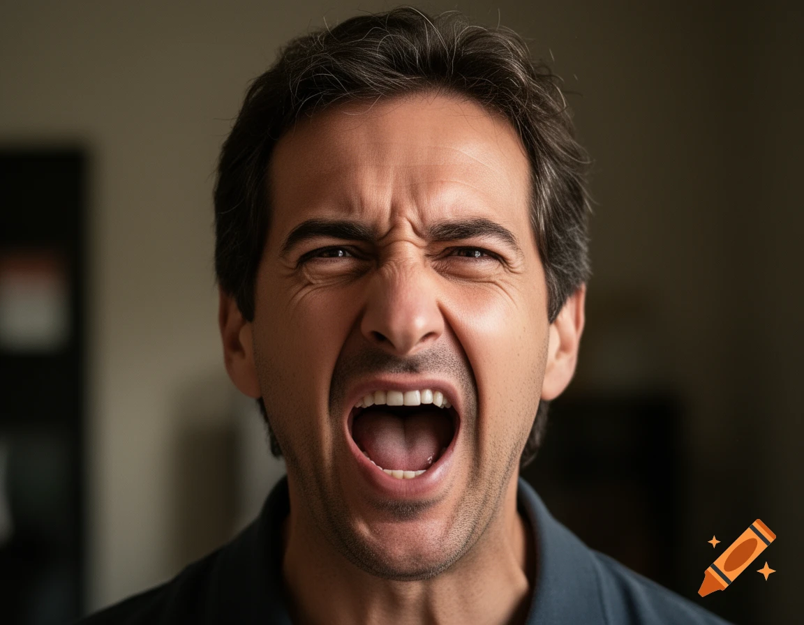 Close-up photorealistic portrait of a man with dark hair screaming with an open mouth and intense expression.
