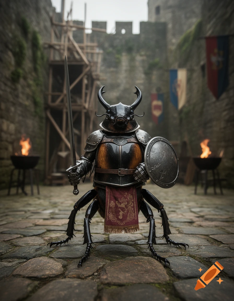 Photorealistic image of a horned beetle wearing medieval armor, holding a sword and shield in a castle courtyard.