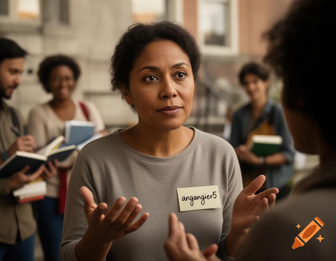 Photorealistic medium shot of a woman with a name tag reading 'angangier5', gesturing while talking to someone in a crowd.