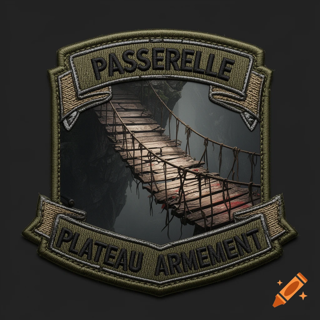 Military embroidered patch featuring a rickety wooden suspension bridge over a dark ravine, with French text 'PASSERELLE' and 'PLATEAU ARMEMENT'.