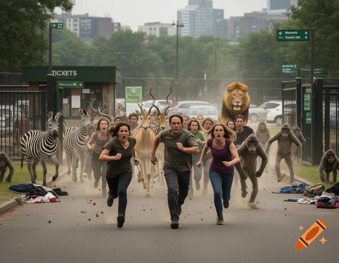 Photorealistic image of people running away in panic from wild animals escaping a zoo.