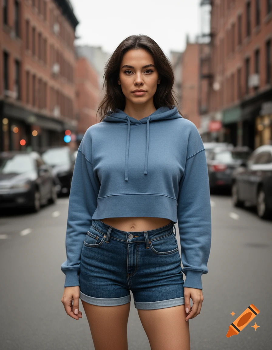 Photorealistic portrait of a young woman standing in a city street, wearing a blue cropped hoodie and denim shorts.