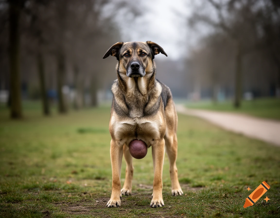 Photorealistic medium-sized brown and black dog standing on a grassy path in a park with trees in the background.