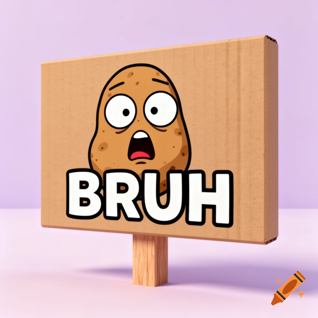 3D cartoon illustration of a cardboard sign with a shocked potato face and the word BRUH in bold white text.