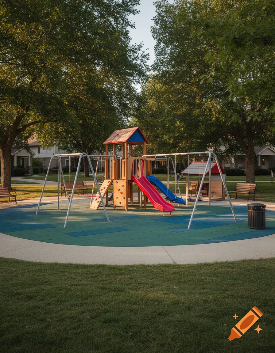 Photorealistic image of an empty playground with a climbing structure, slides, and swings set in a grassy park surrounded by trees.