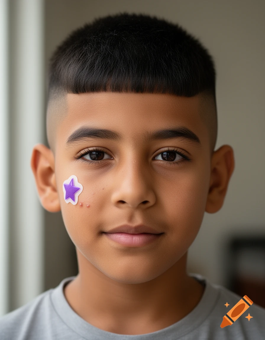 Photorealistic close-up portrait of a young boy with a short haircut and a purple star-shaped pimple patch on his cheek.