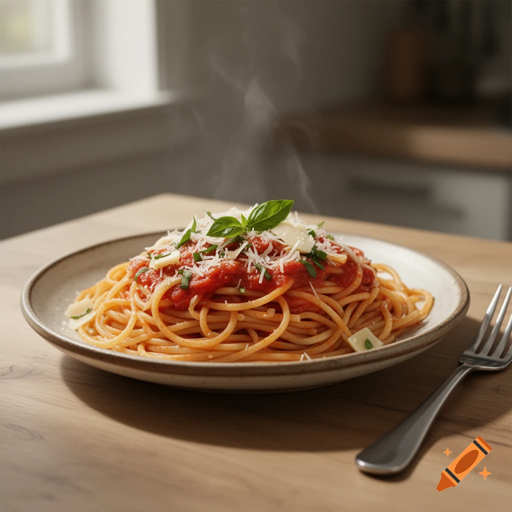 Photorealistic plate of steaming spaghetti with tomato sauce, parmesan cheese, and fresh basil on a wooden table.