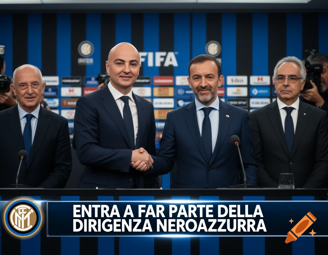 Photorealistic news-style image of four men in suits at a press conference table with microphones and a banner with Italian text.
