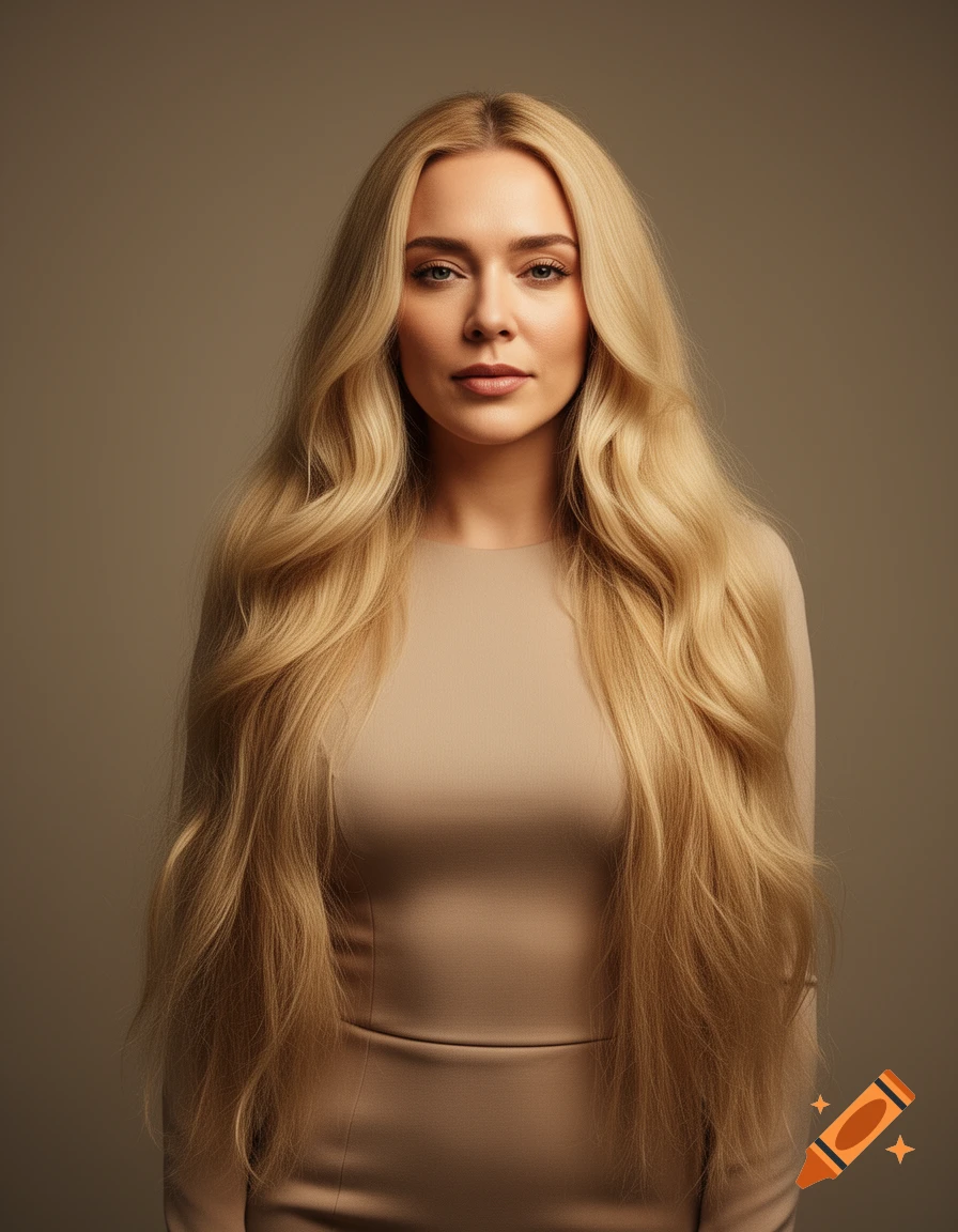 Photorealistic portrait of a blonde woman with extremely long, thick hair wearing a beige dress.