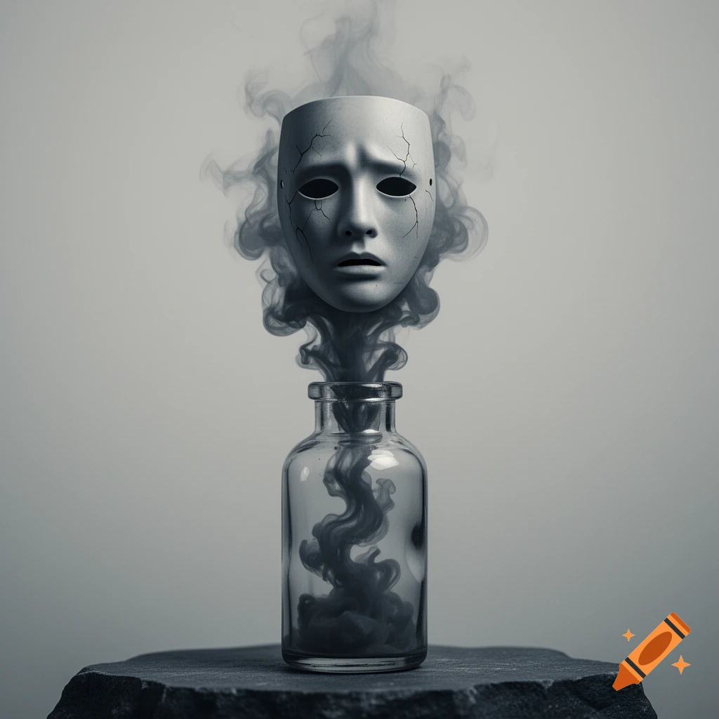 A cracked human mask with smoke emerging from it, escaping out of a glass bottle resting on a dark stone surface.