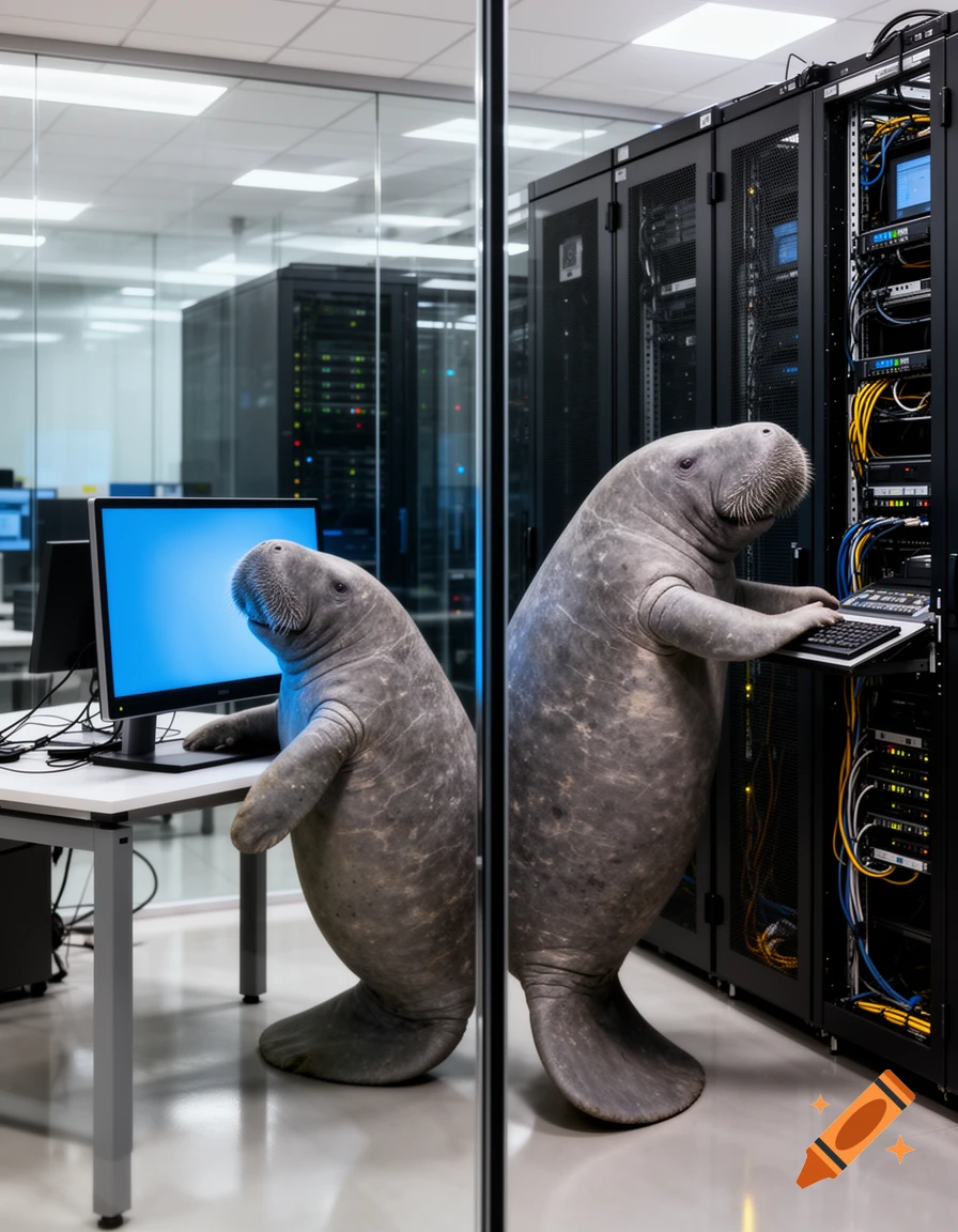 Two anthropomorphic manatees in a modern server room, one looking at a computer screen and the other typing on a server rack keyboard.