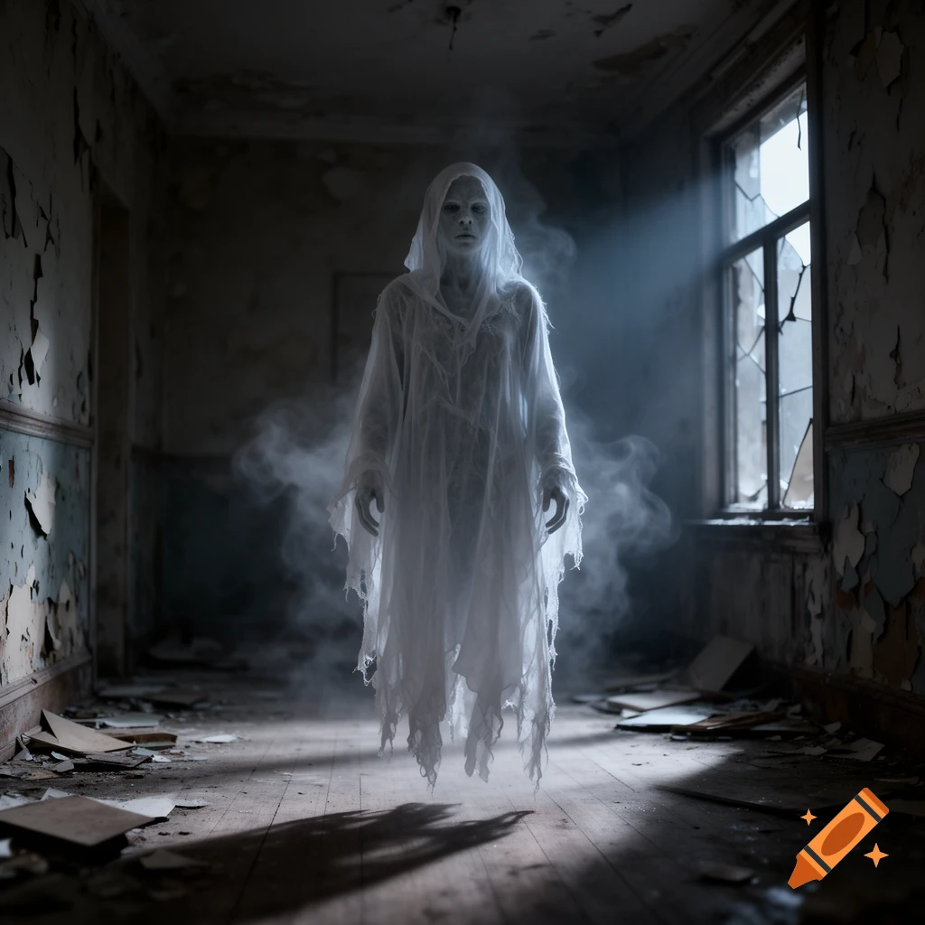 Photorealistic ghostly figure in a white hooded shroud floating in a decaying abandoned room.