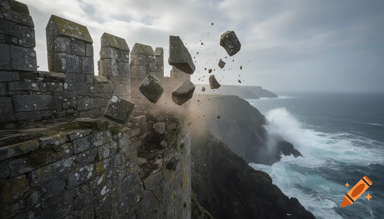 Photorealistic image of stone merlons and blocks crumbling from a ruined castle wall on a rugged coastline, overlooking a stormy sea with crashing waves.