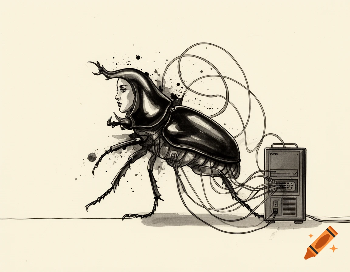 Black and white ink illustration of a surreal hybrid creature with a human woman's face and a beetle's body, connected by cables to a computer tower.