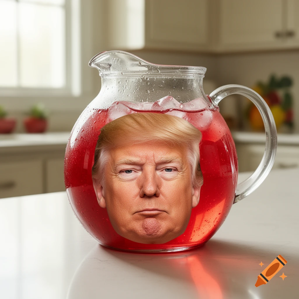Photorealistic image of Donald Trump's face inside a glass pitcher filled with red Kool-Aid and ice on a kitchen counter.