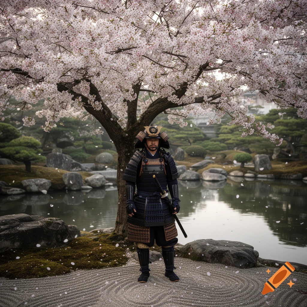 A full-shot photorealistic image of a samurai in traditional armor standing under a blooming cherry blossom tree in a serene Japanese garden with a pond and raked sand.