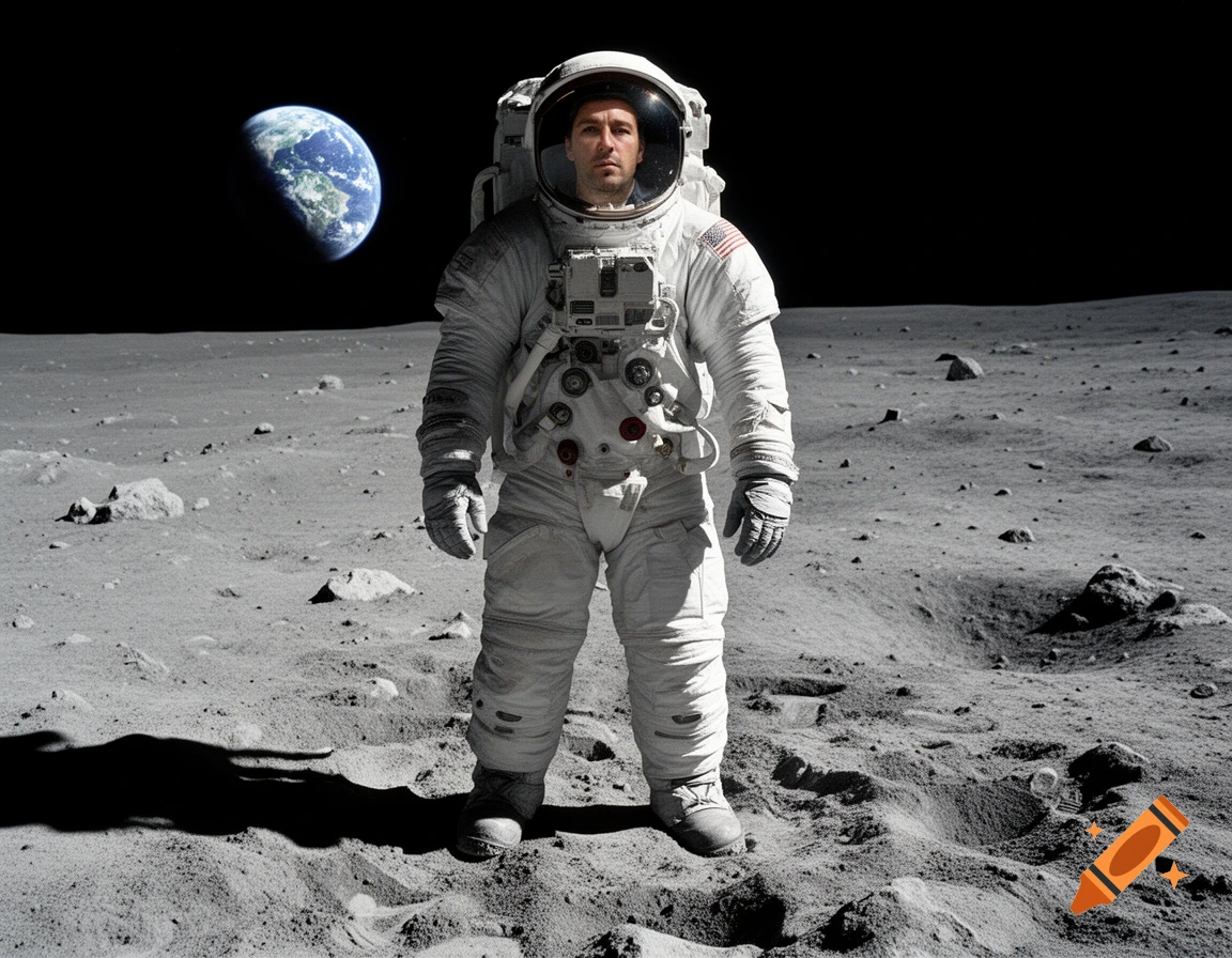 Photorealistic image of an astronaut standing on the lunar surface with Earth visible in the background.