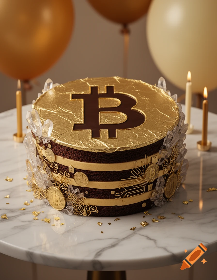 A photorealistic chocolate birthday cake decorated with gold leaf, a large Bitcoin symbol on top, crystals, and gold circuit board patterns on the side, sitting on a marble table with balloons in the background.