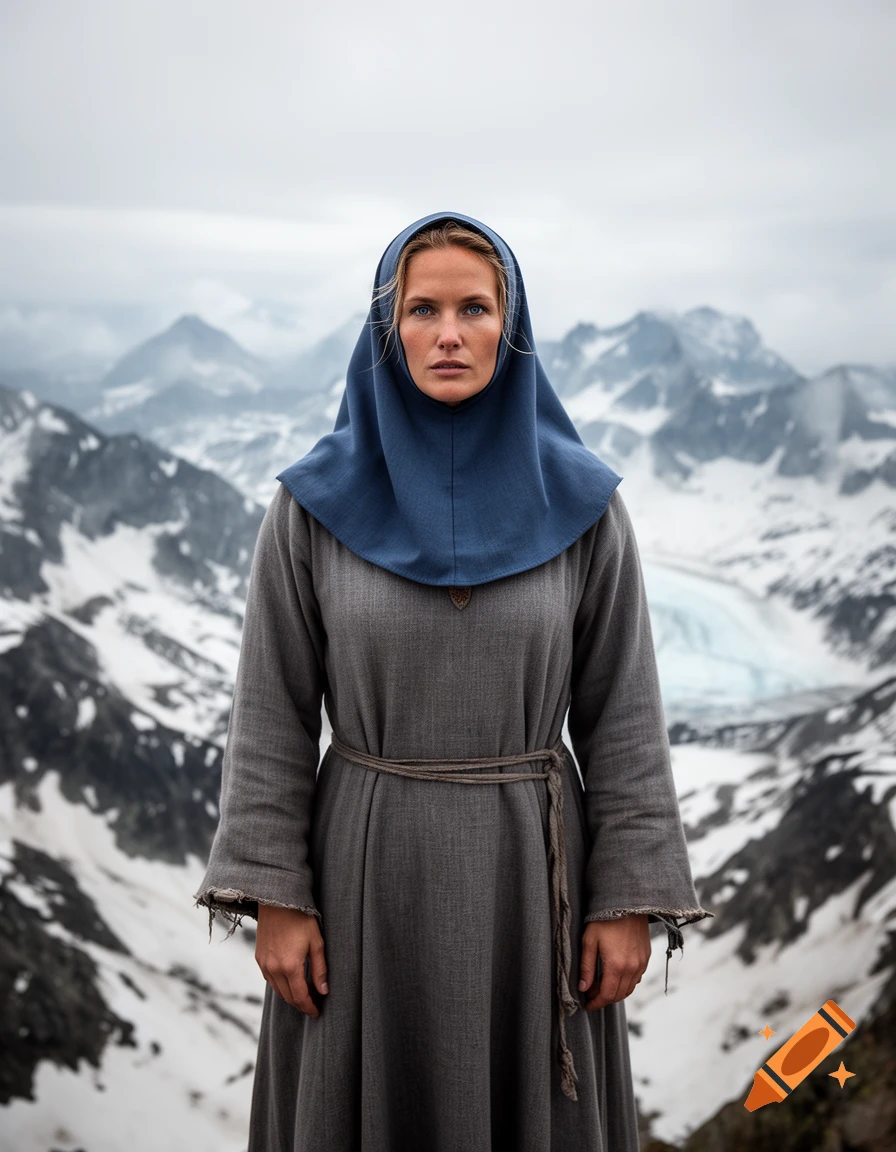 Photorealistic portrait of a woman in a grey robe and blue wimple standing before snowy mountains.