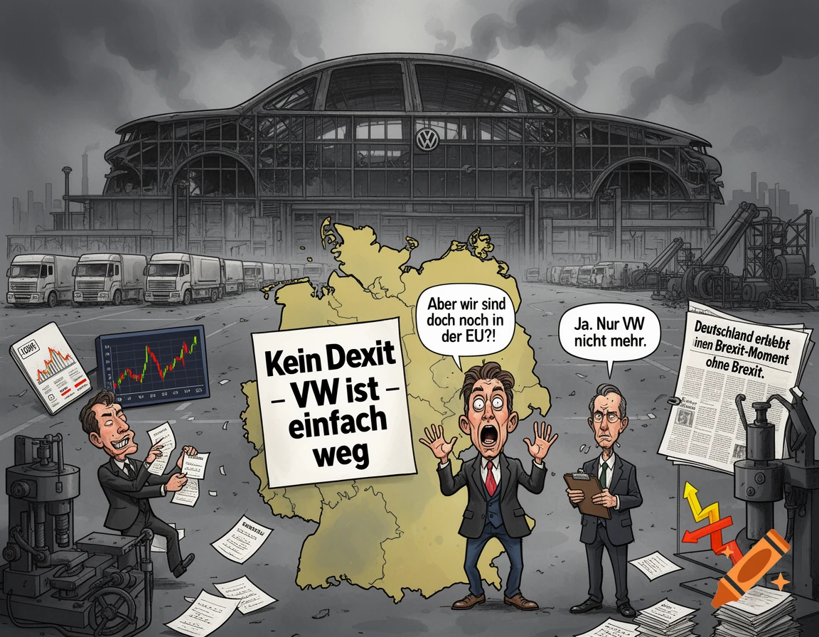 Satirical political caricature of Germany without Volkswagen, featuring a ruined factory, map of Germany, and distressed politicians in a European comic style.