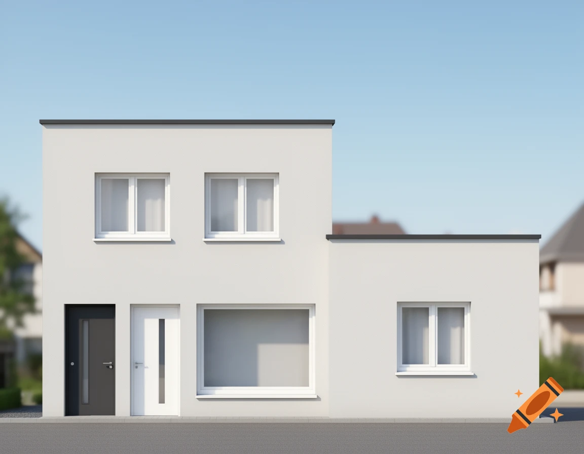 Architectural rendering of a modern two-story Bauhaus style house front with a flat roof under bright daylight.