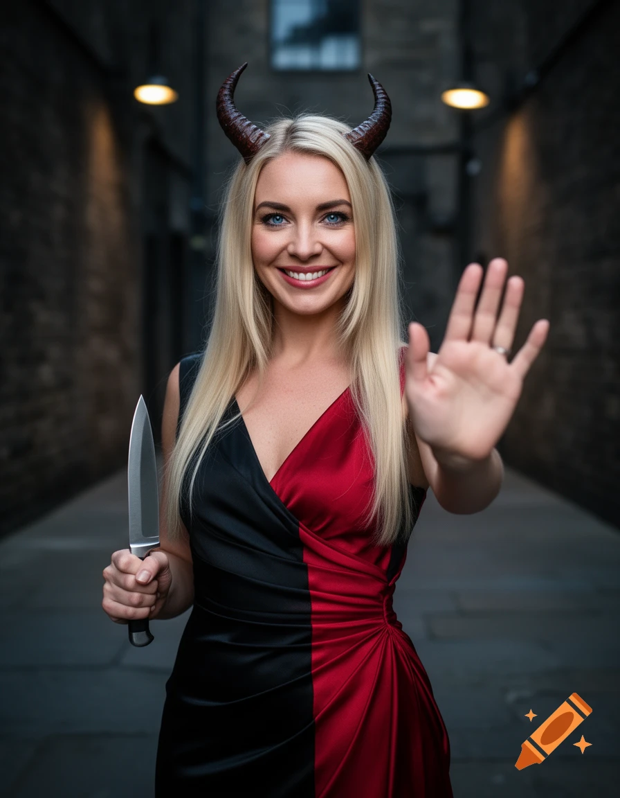 Photorealistic portrait of a blonde woman wearing devil horns and a red and black dress, holding a knife in an alleyway.