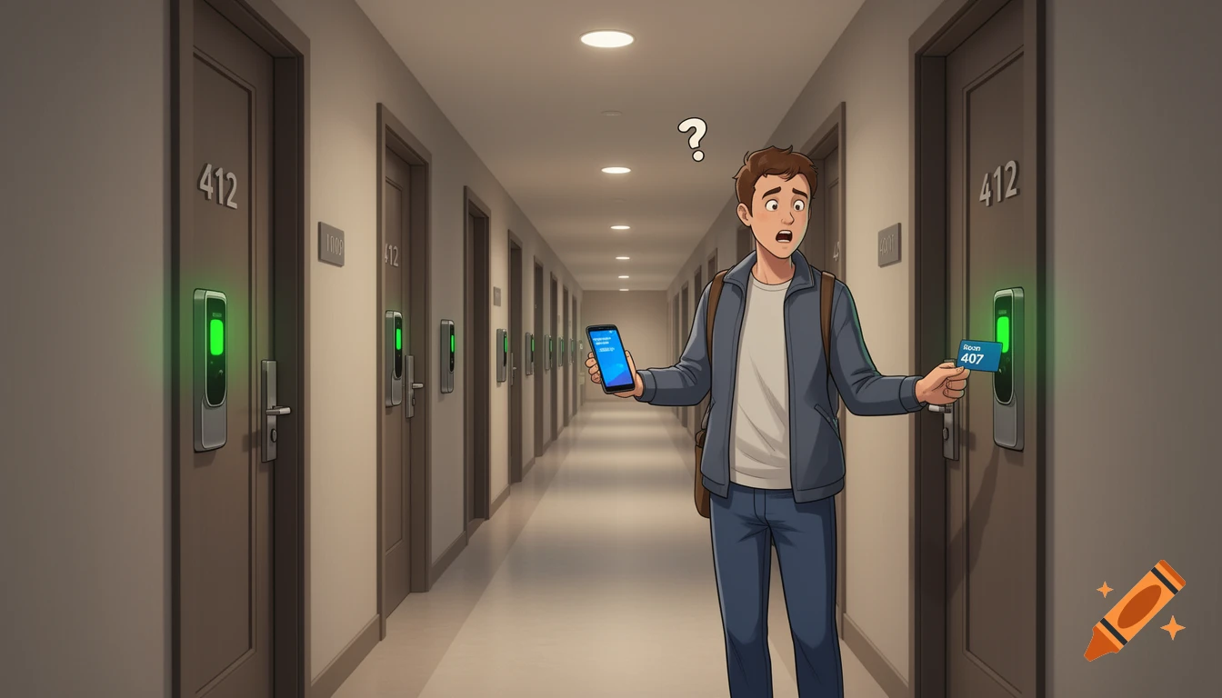 Editorial illustration of a surprised hotel guest holding a wrong key card in a hallway.