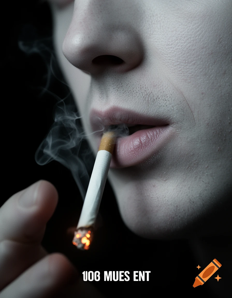 Close-up photorealistic shot of a pale man smoking a cigarette with smoke curling upwards.