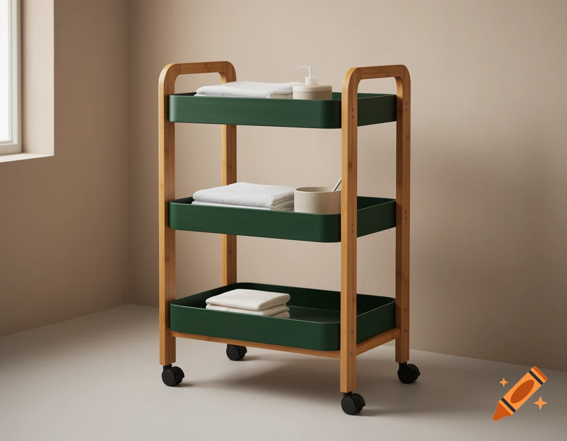 Photorealistic image of a dark green three-tier utility trolley with bamboo frame and wheels, holding towels and toiletries against a beige wall.