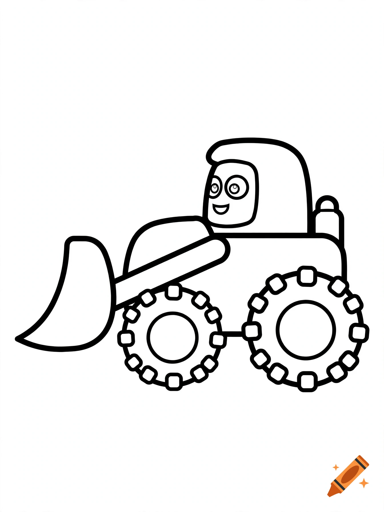 A simple cartoon bulldozer coloring page with thick black outlines and a clean white background.