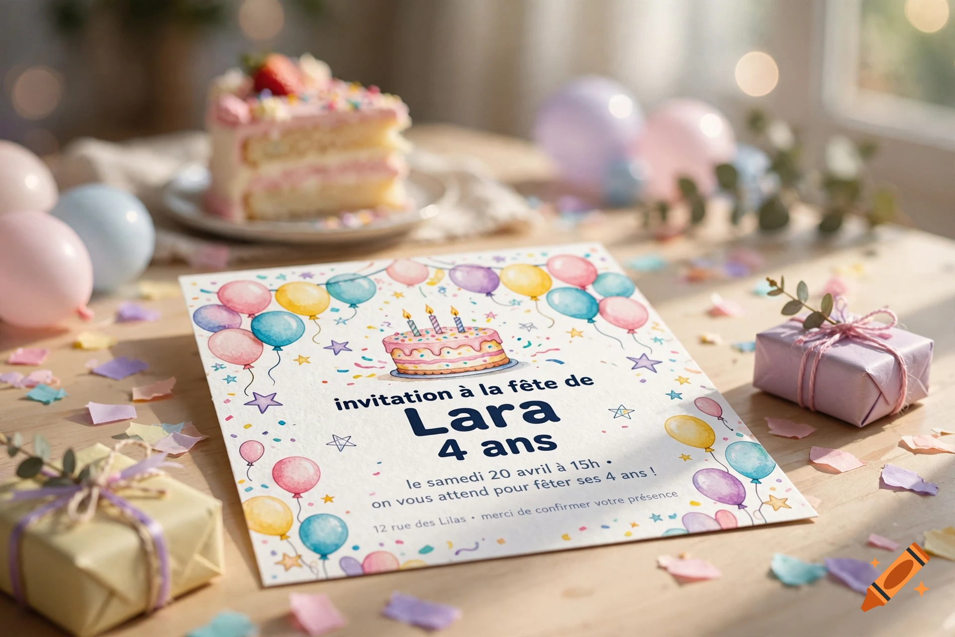 A children's birthday invitation card for Lara, age 4, surrounded by cake, balloons, and gifts on a wooden table, photorealistic style.