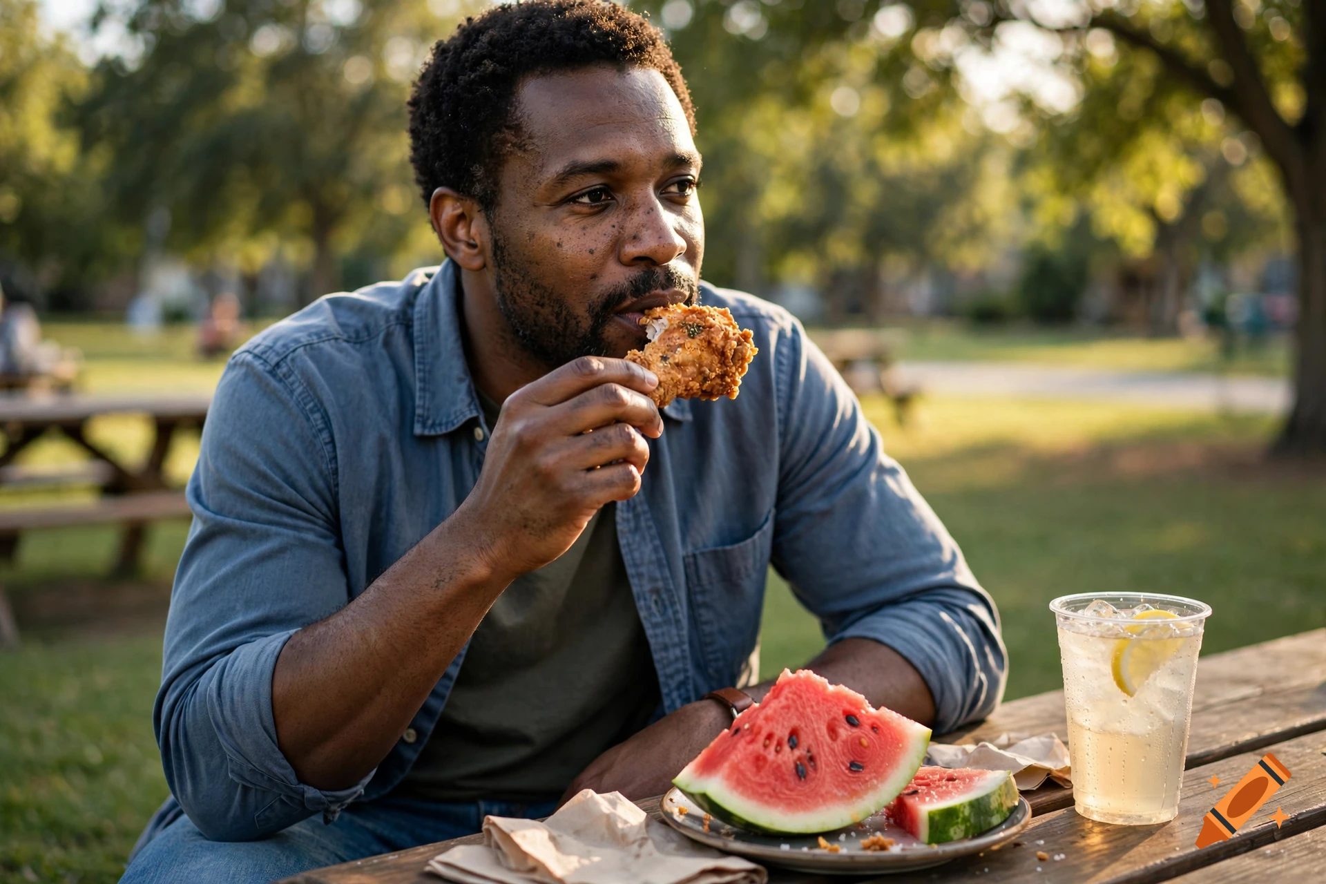 Photorealistic medium shot of a Black man eating fried chicken at a wooden picnic table with watermelon and iced lemonade, outdoors in a park.