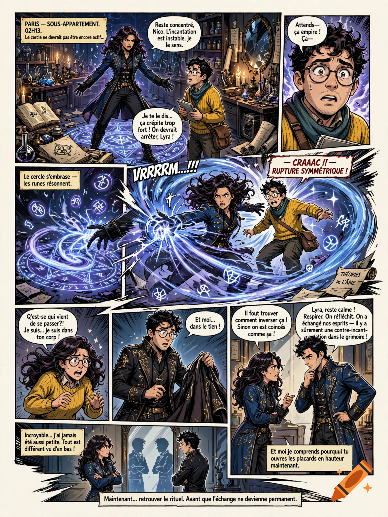 A multi-panel comic book page in French showing a tall woman and a small man swapping bodies via magic in a study.