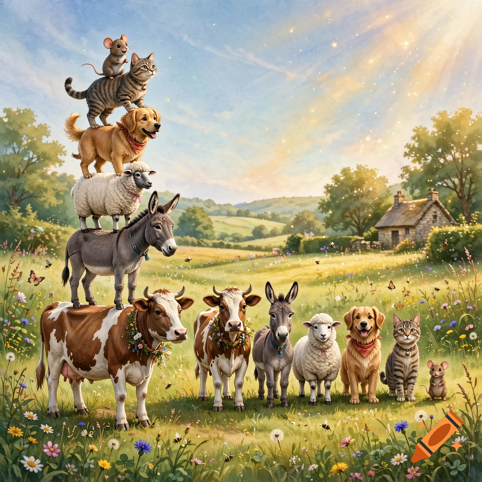 An illustrative stack of farm animals including a mouse, cat, dog, sheep, donkey, and cow in a sunny meadow with a cottage.