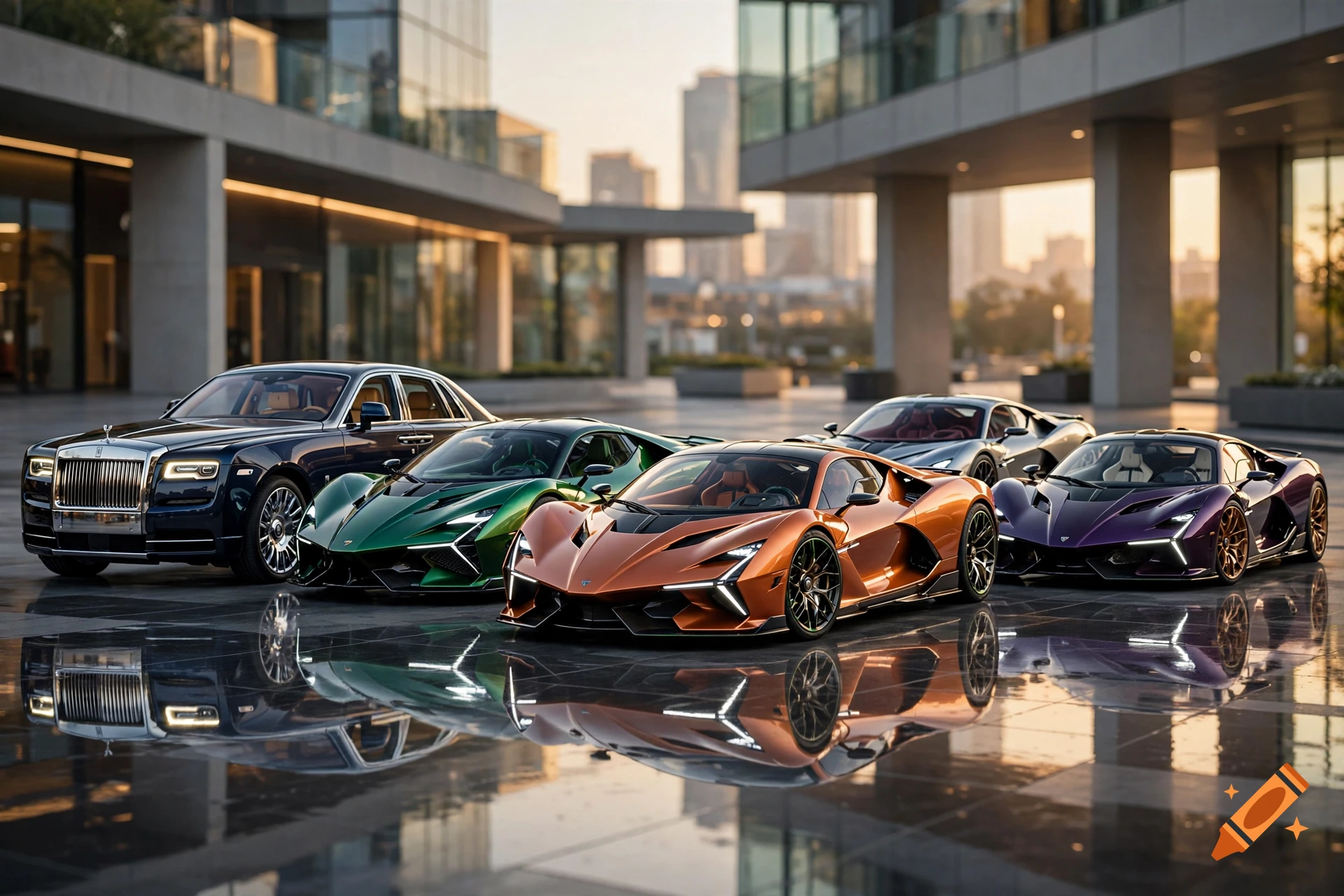 Photorealistic image of five luxury and rare supercars parked on a reflective wet plaza in front of modern glass buildings during sunset.