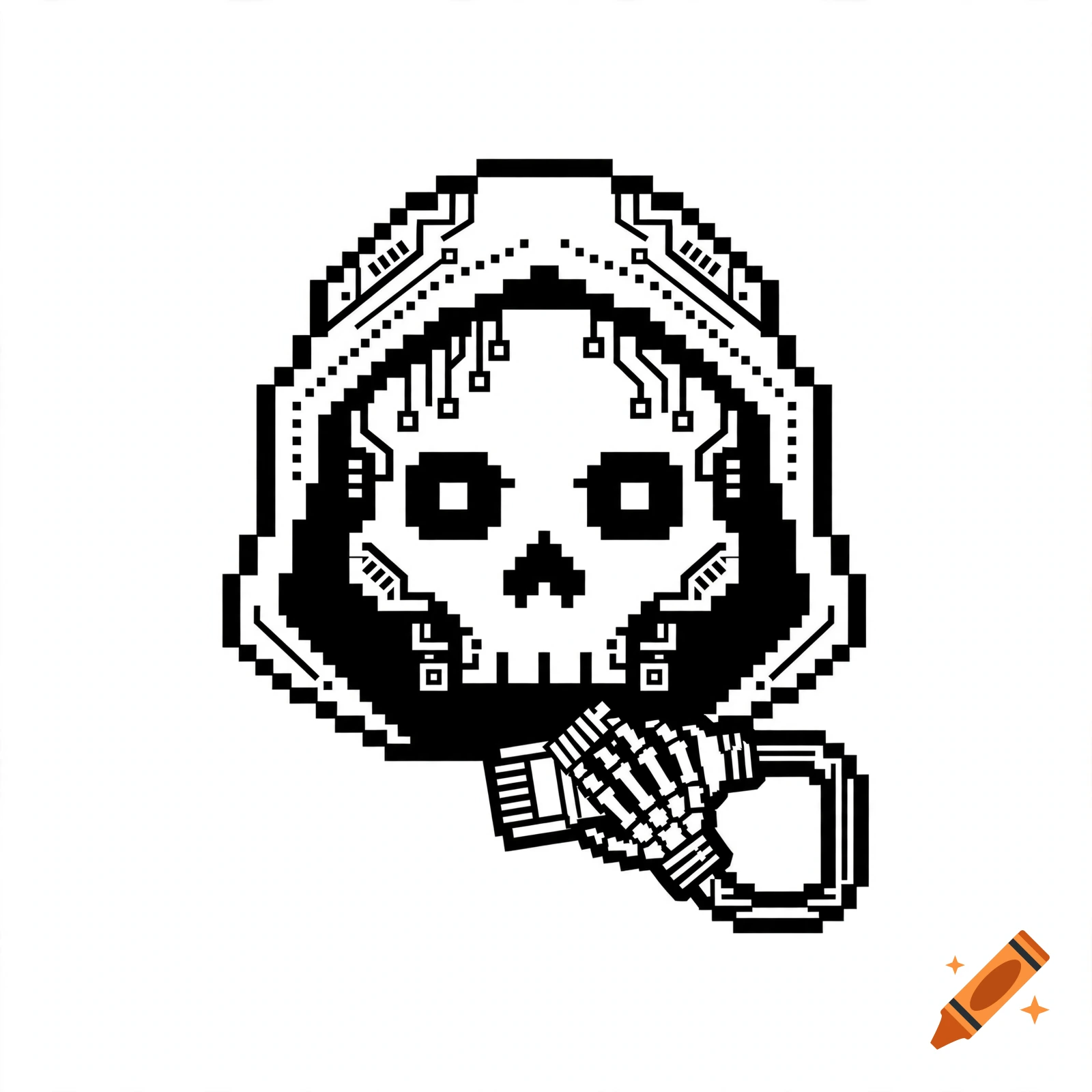 Pixel art icon of a hooded cyberpunk skeleton holding a LAN cable in black and white.