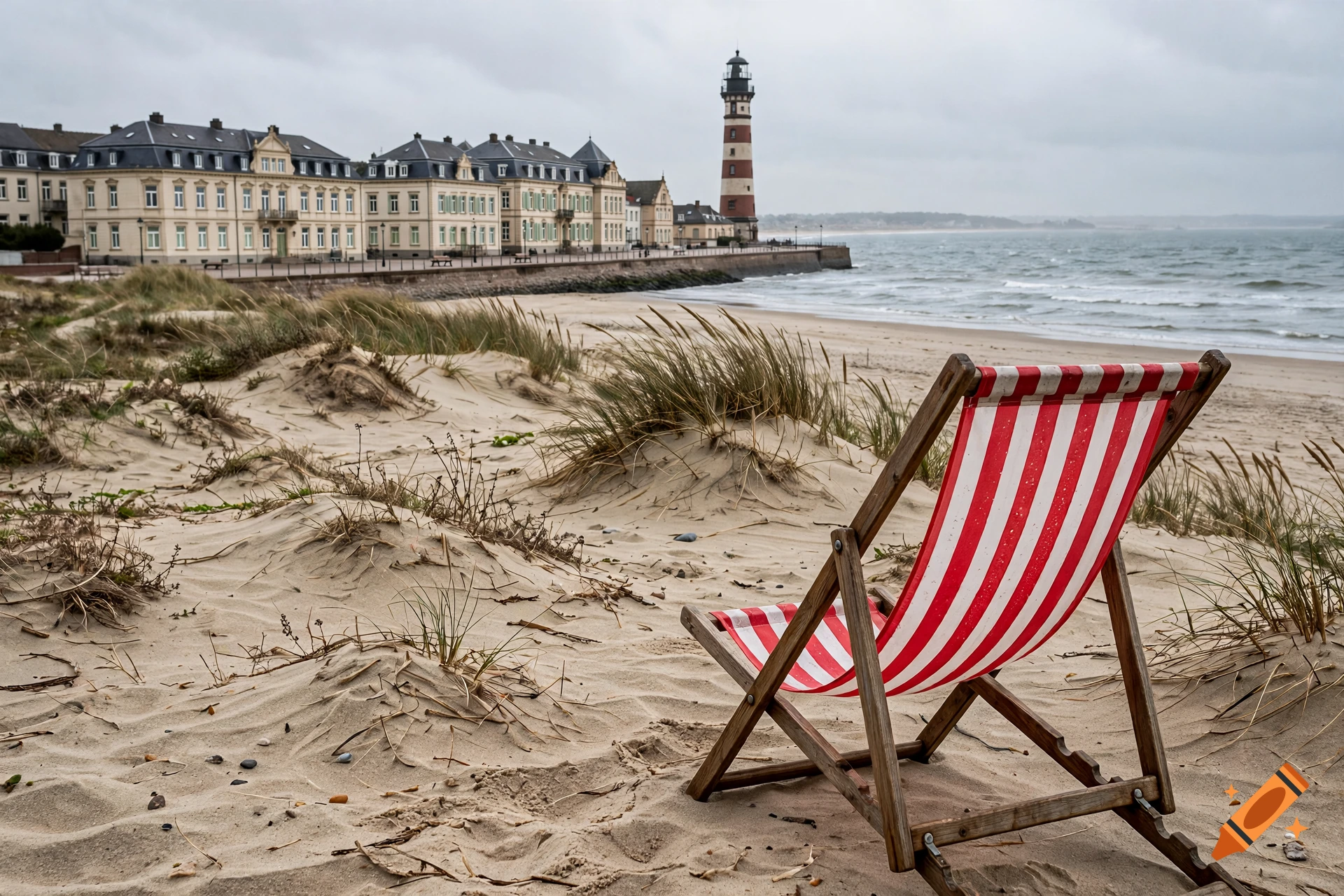 Photorealistic view of a sandy beach with a red and white striped beach chair in the foreground, and historical buildings and a lighthouse in the background under an overcast sky.