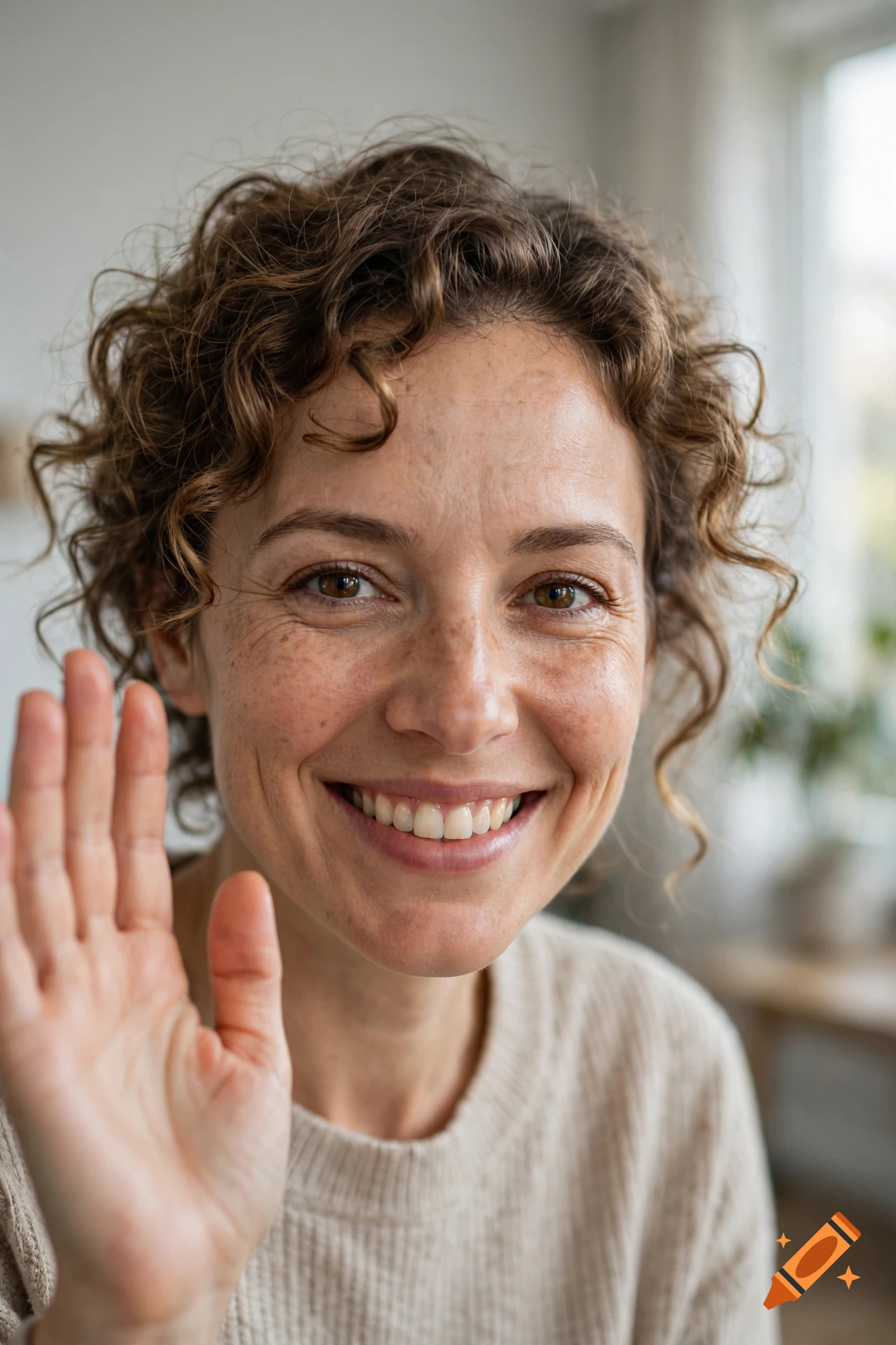 Close-up photorealistic portrait of a smiling woman with curly brown hair and freckles, waving at the camera.