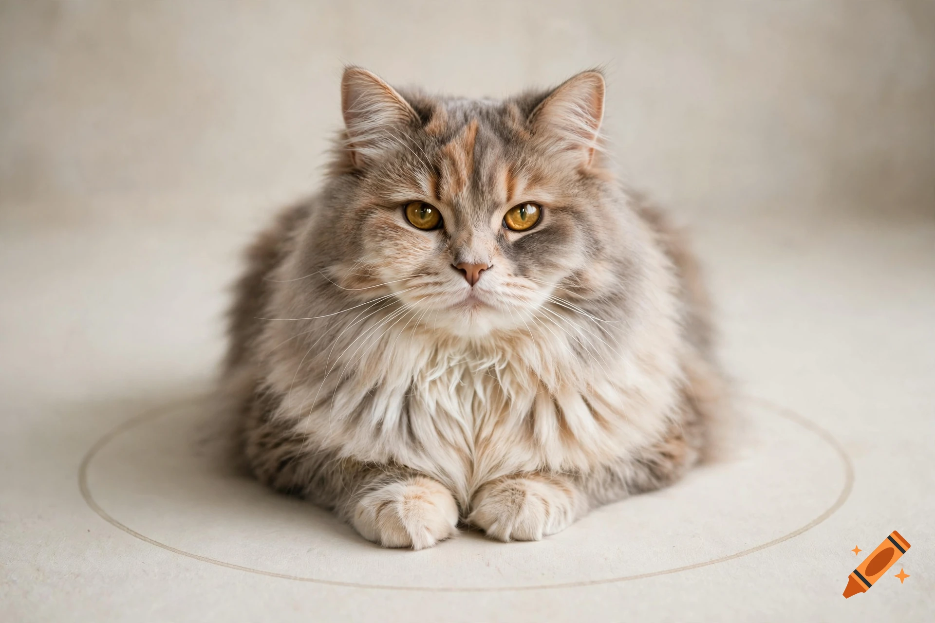 A fluffy calico and grey cat sitting inside a drawn circle on a neutral background.